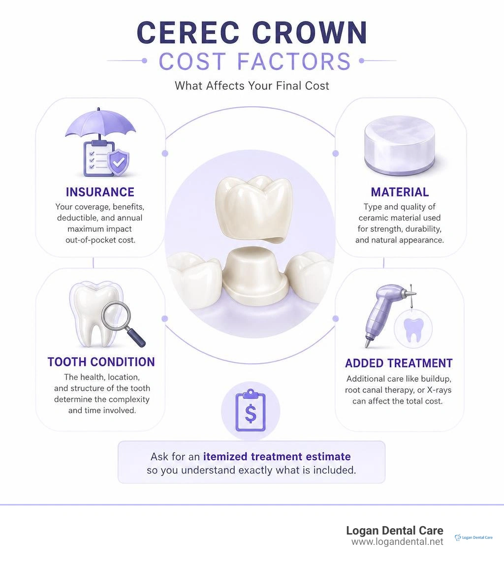 CEREC crown cost factors including insurance material tooth condition and added treatment infographic CEREC crown cost factors including insurance material tooth condition and added treatment infographic