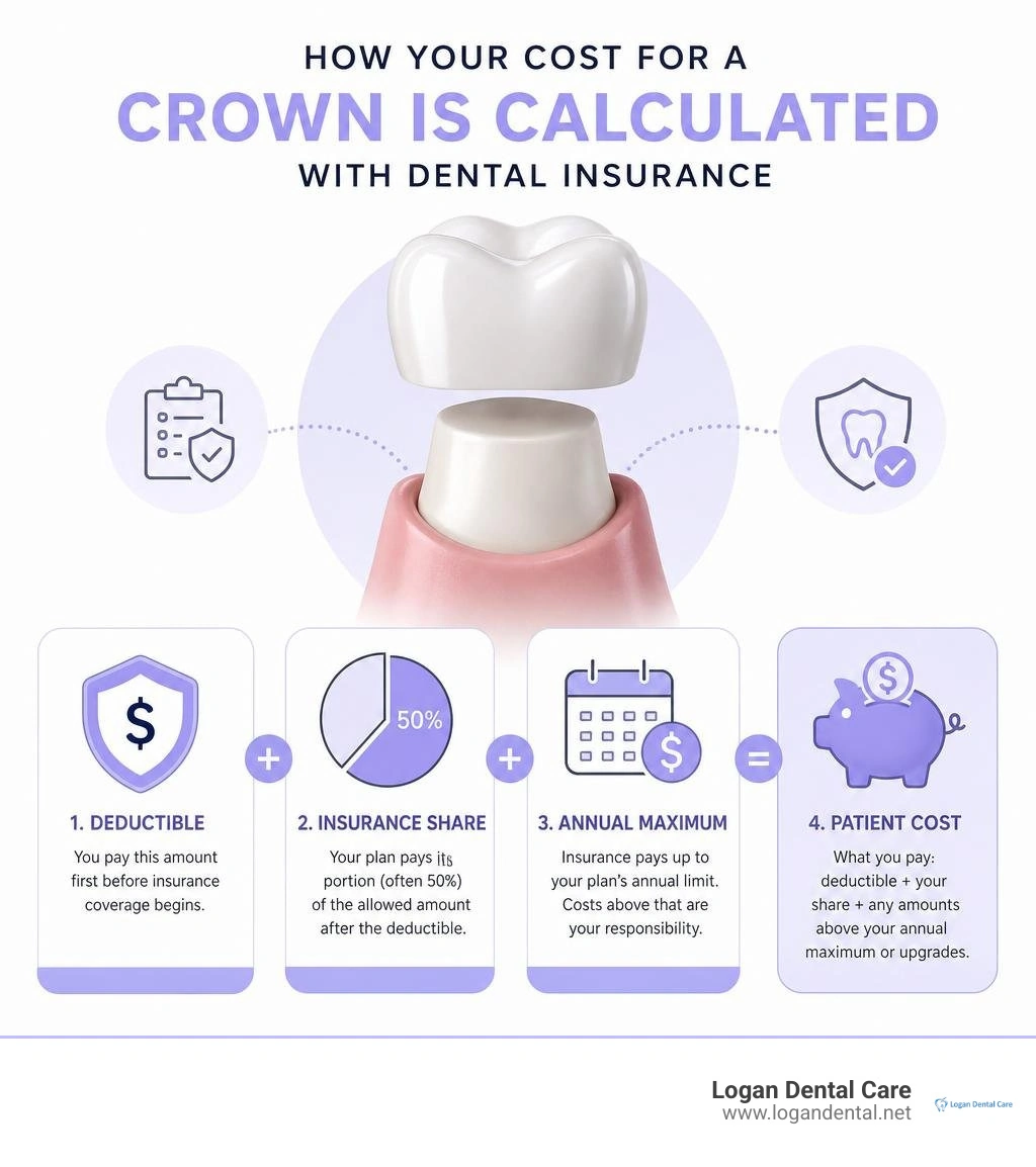Infographic showing deductible, insurance share, annual maximum, and patient cost for a crown infographic Infographic showing deductible, insurance share, annual maximum, and patient cost for a crown infographic