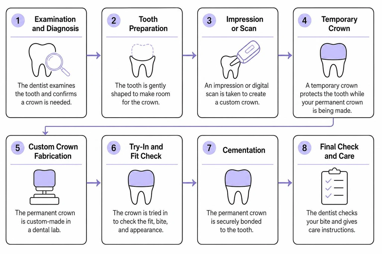 Process of preparing and placing a permanent dental crown Process of preparing and placing a permanent dental crown