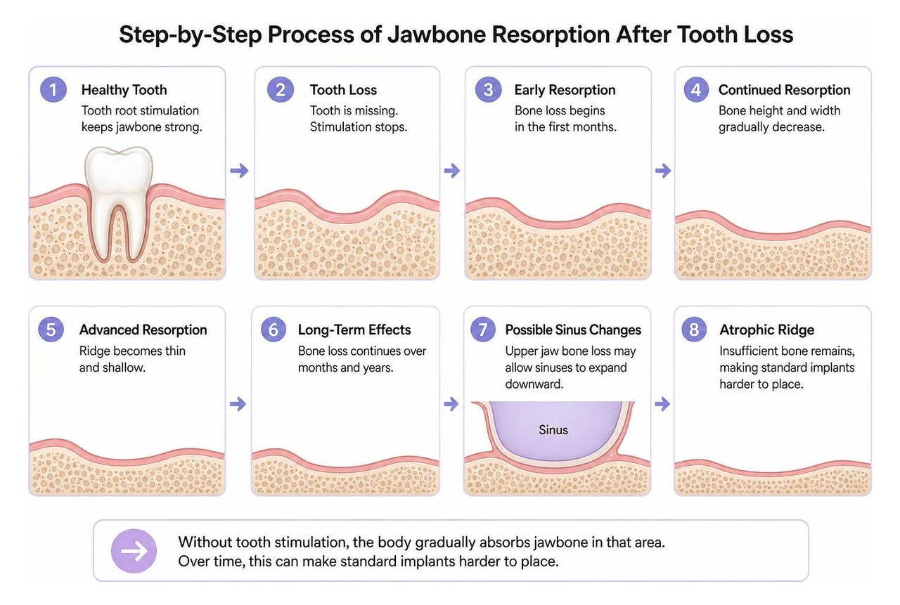 Step-by-step process of jawbone resorption after tooth loss Step-by-step process of jawbone resorption after tooth loss