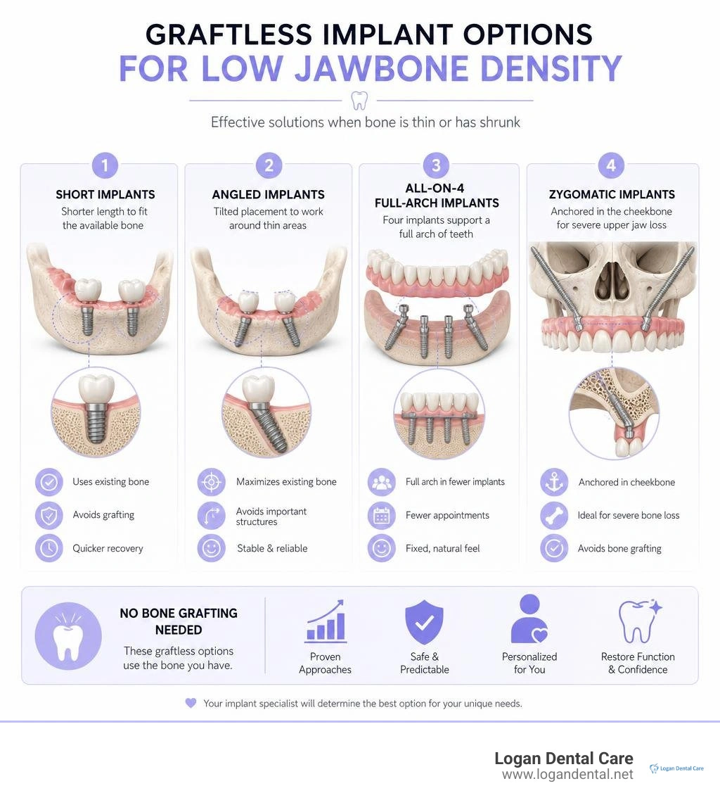 Infographic comparing graftless implant options for low jawbone density infographic Infographic comparing graftless implant options for low jawbone density infographic