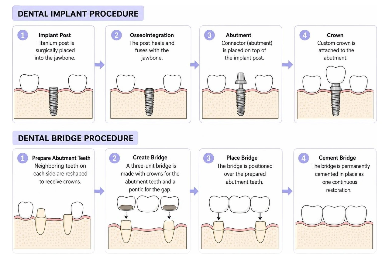 Step by step procedure comparison for dental implants and dental bridges