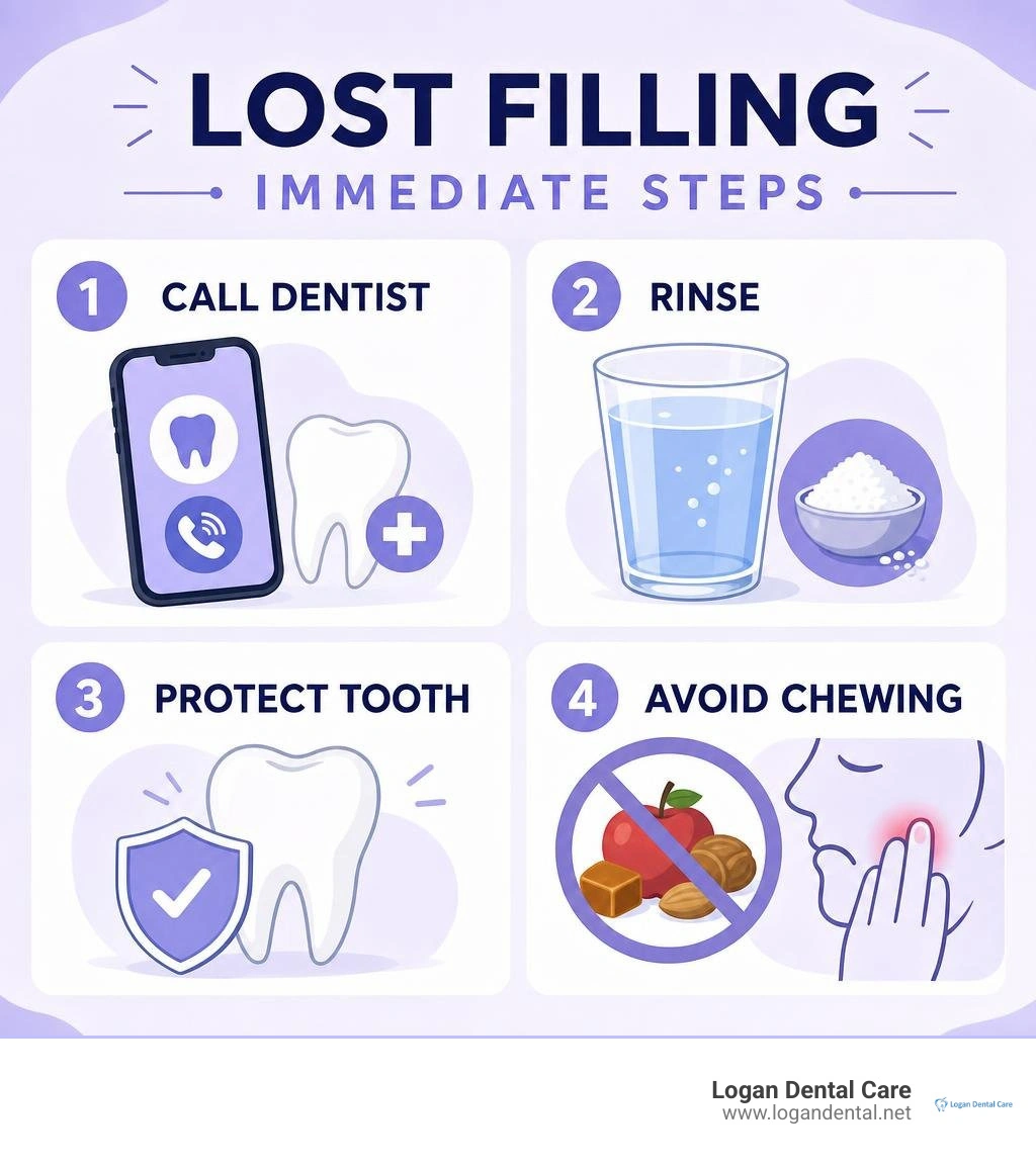 Lost filling immediate steps: call dentist, rinse, protect tooth, avoid chewing infographic Lost filling immediate steps: call dentist, rinse, protect tooth, avoid chewing infographic