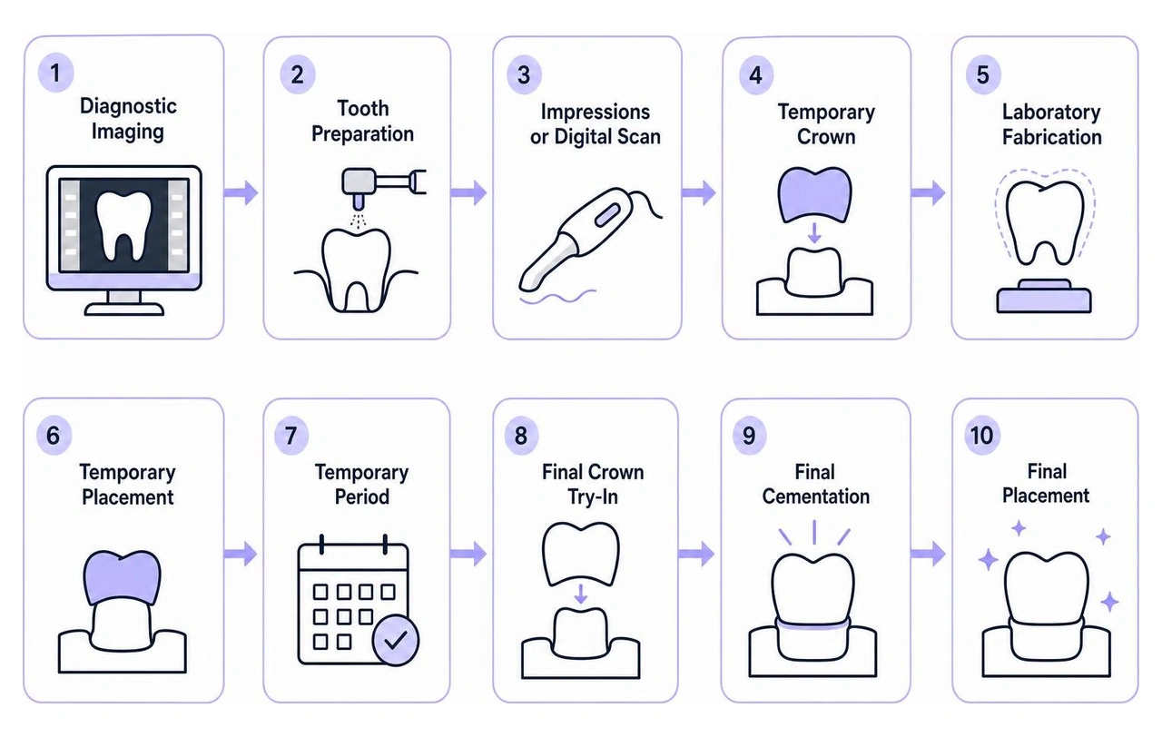 Step-by-step dental crown procedure from imaging to final placement Step-by-step dental crown procedure from imaging to final placement