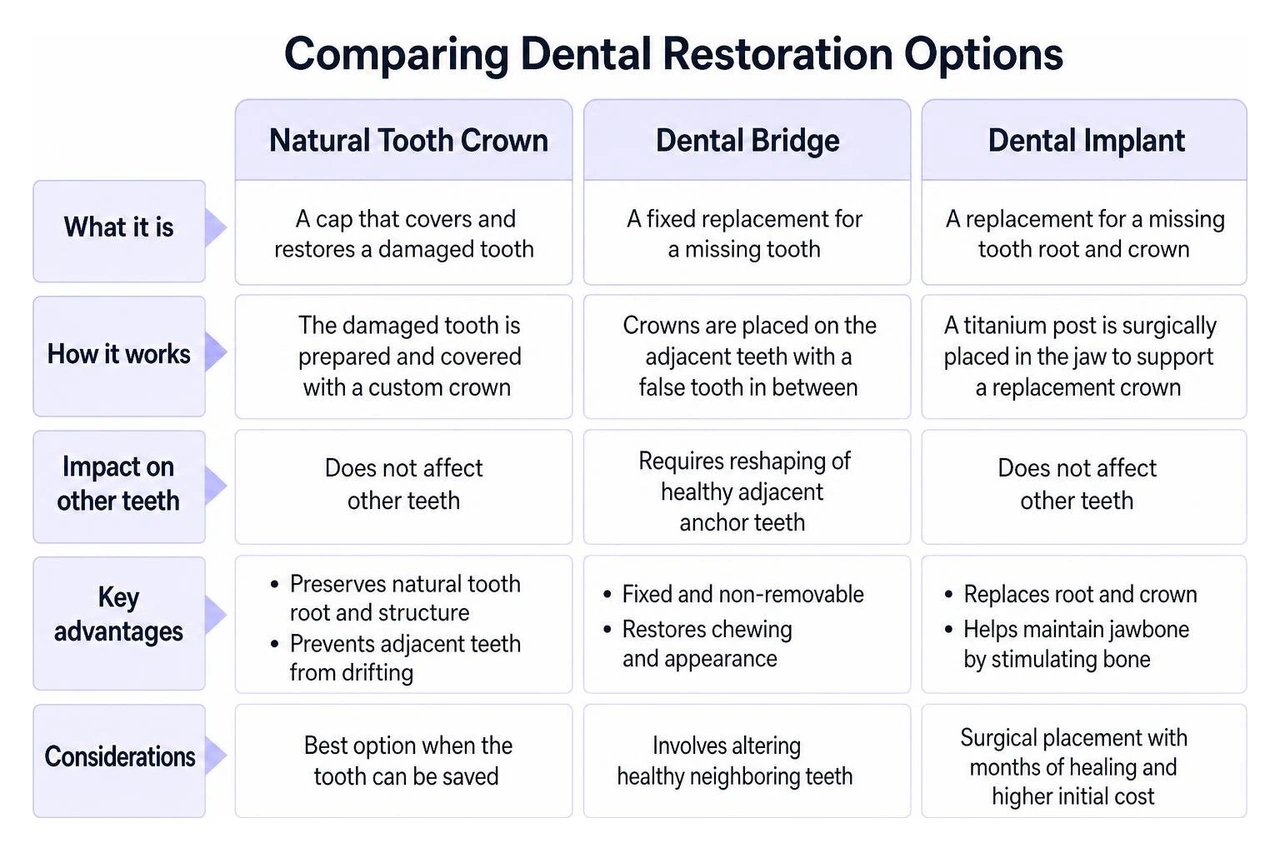Comparing natural tooth crown dental bridge and dental implant Comparing natural tooth crown dental bridge and dental implant