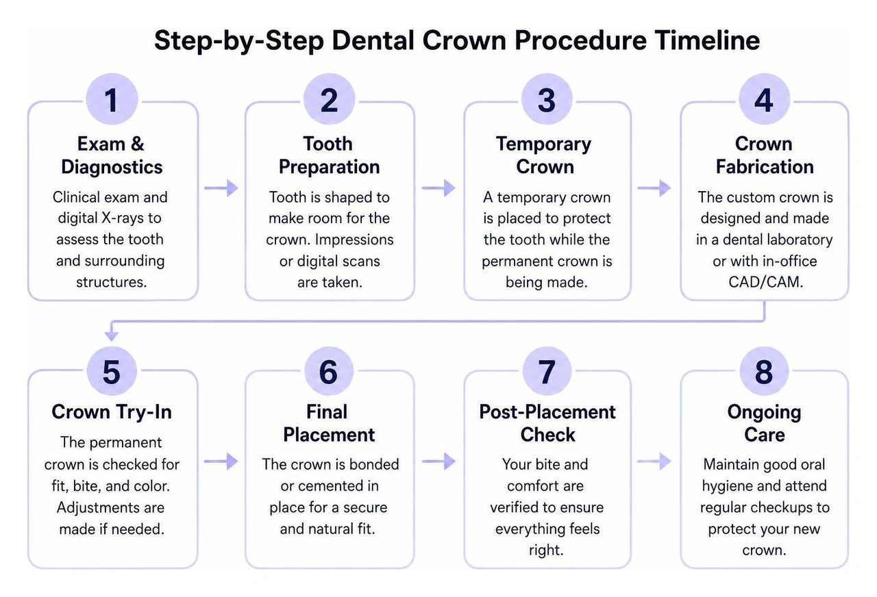Step-by-step dental crown procedure timeline from exam to final placement Step-by-step dental crown procedure timeline from exam to final placement