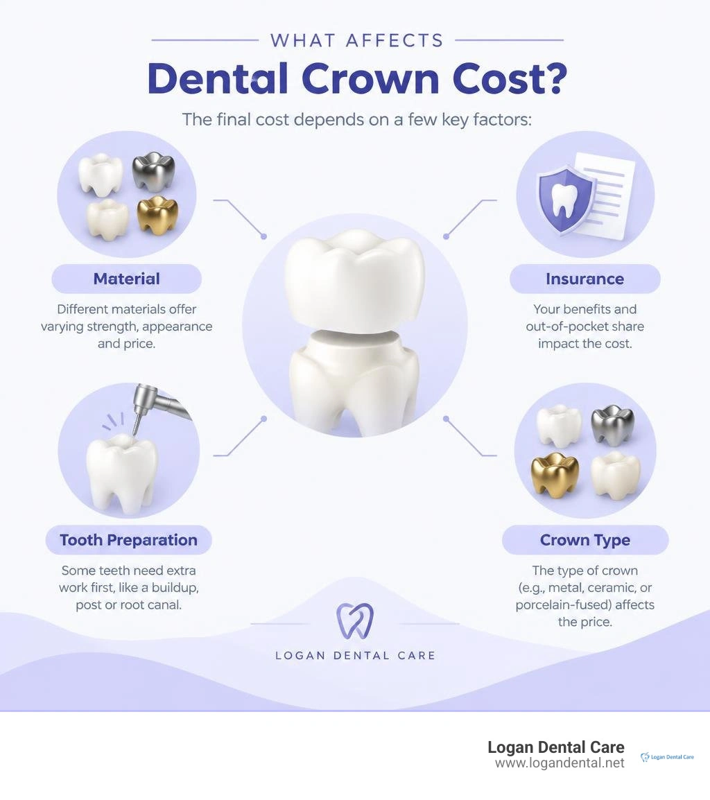 Dental crown cost factors including material, insurance, tooth preparation, and crown type infographic Dental crown cost factors including material, insurance, tooth preparation, and crown type infographic