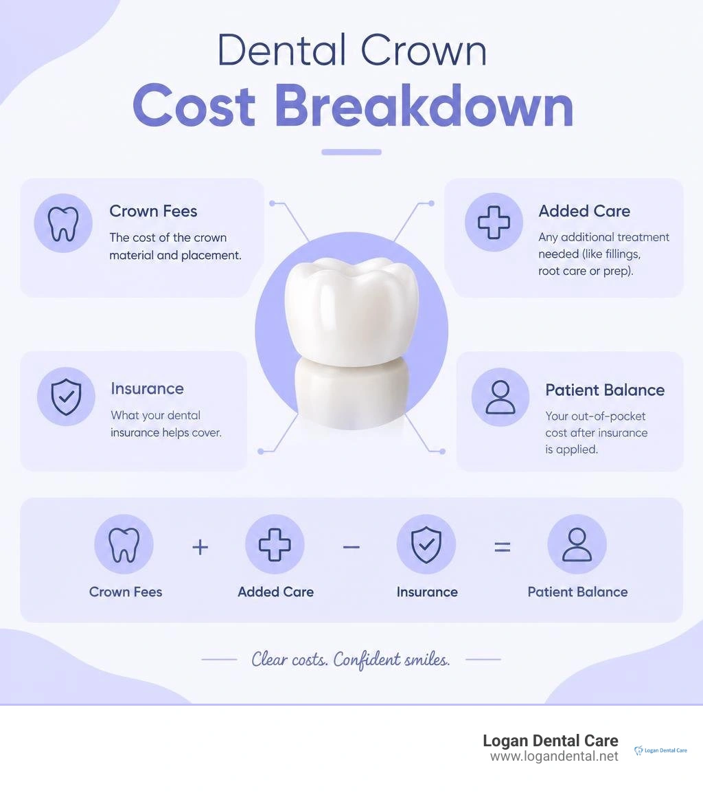 Dental crown cost breakdown showing crown fees, added care, insurance, and patient balance infographic Dental crown cost breakdown showing crown fees, added care, insurance, and patient balance infographic