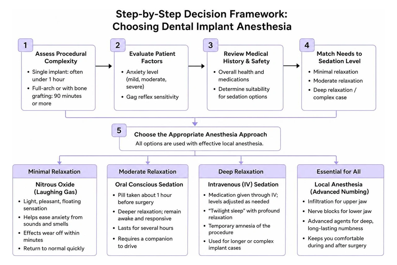 Step-by-step decision framework for choosing dental implant anesthesia Step-by-step decision framework for choosing dental implant anesthesia