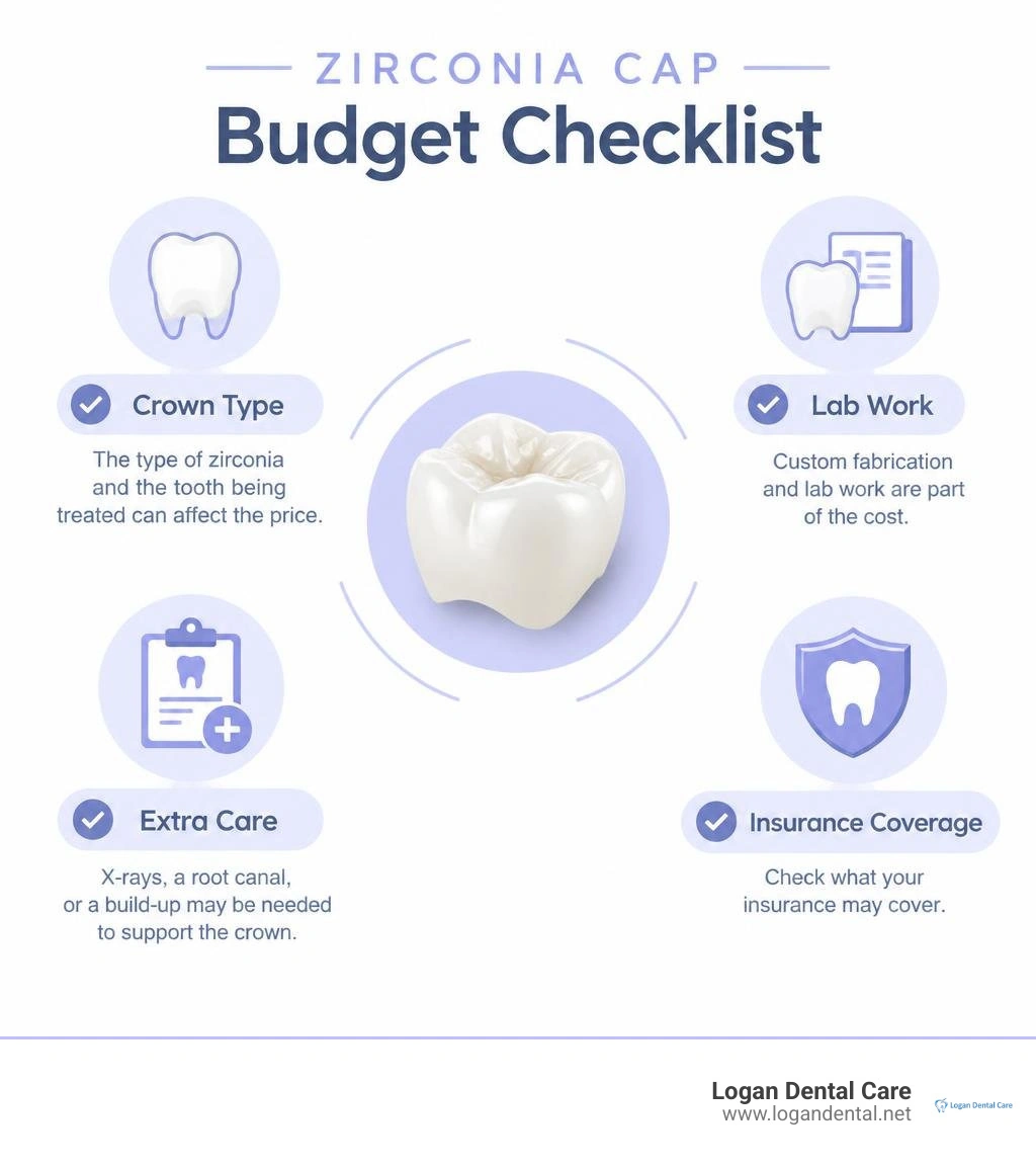 Zirconia cap budget checklist: crown type, lab work, extra care, and insurance coverage infographic Zirconia cap budget checklist: crown type, lab work, extra care, and insurance coverage infographic