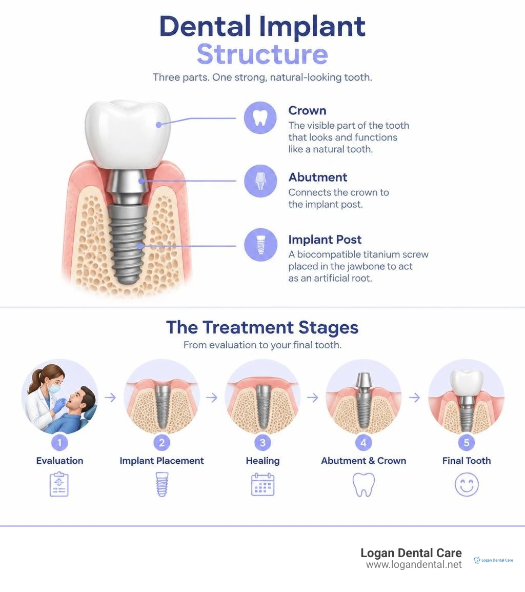 Dental implant structure and treatment stages from evaluation to final tooth infographic Dental implant structure and treatment stages from evaluation to final tooth infographic