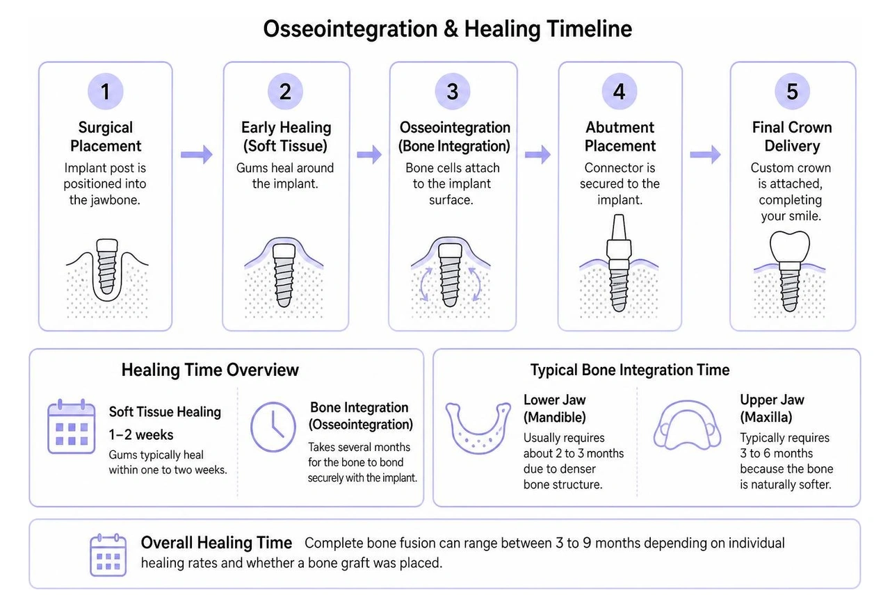 Step-by-step osseointegration and healing timeline diagram Step-by-step osseointegration and healing timeline diagram