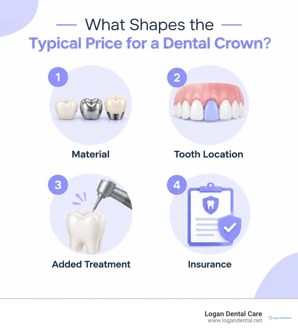 Dental crown price factors: material, tooth location, added treatment, and insurance infographic Dental crown price factors: material, tooth location, added treatment, and insurance infographic