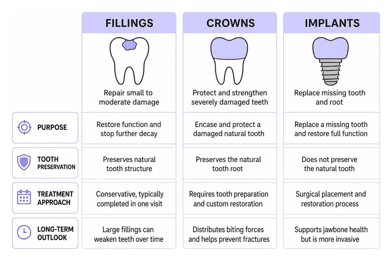 comparison of fillings, crowns, and implants for tooth preservation comparison of fillings, crowns, and implants for tooth preservation