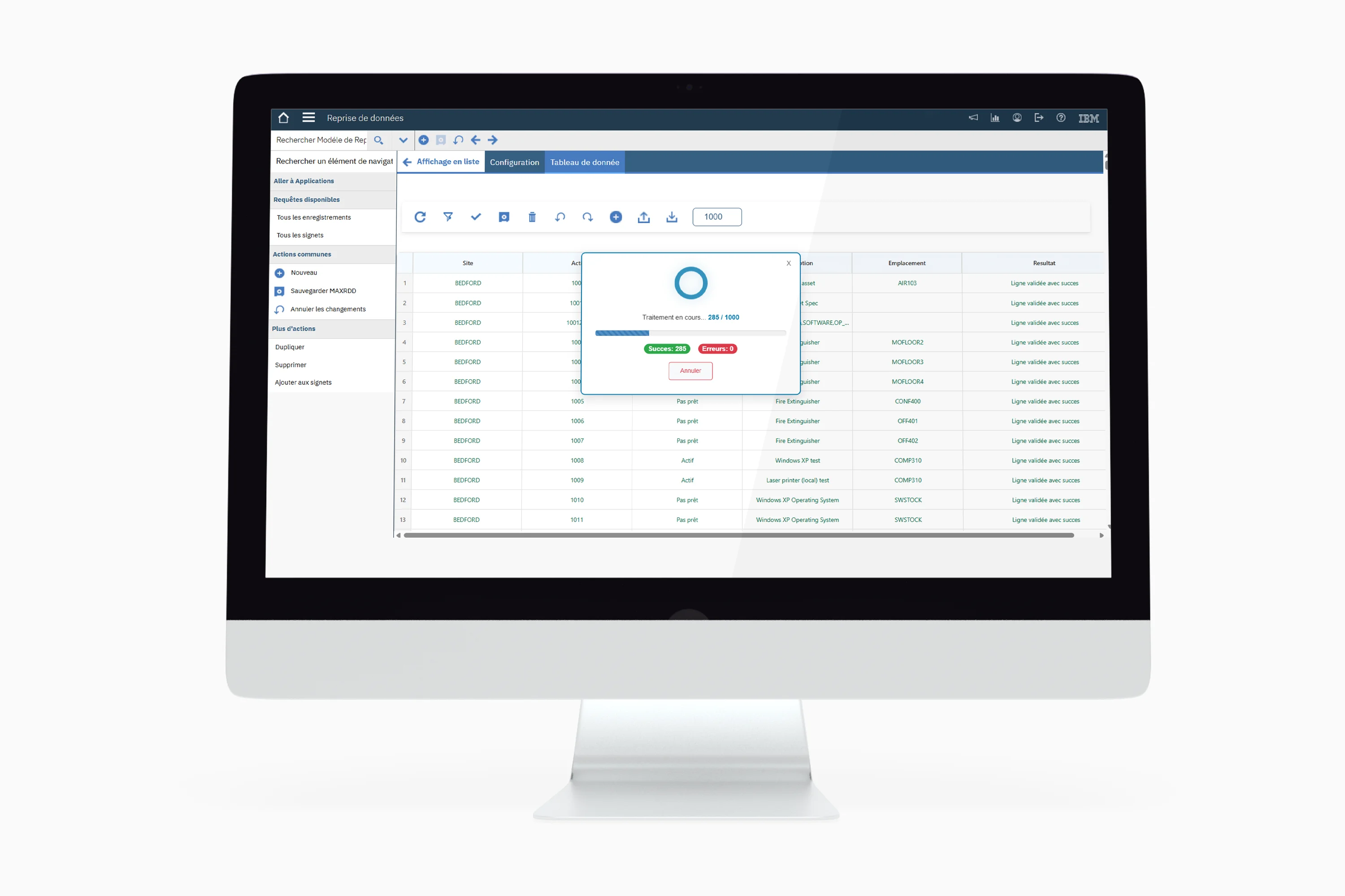 Capture d’écran de MX-DataSwinger, add-on IBM Maximo de reprise de données créé par Sinorfi