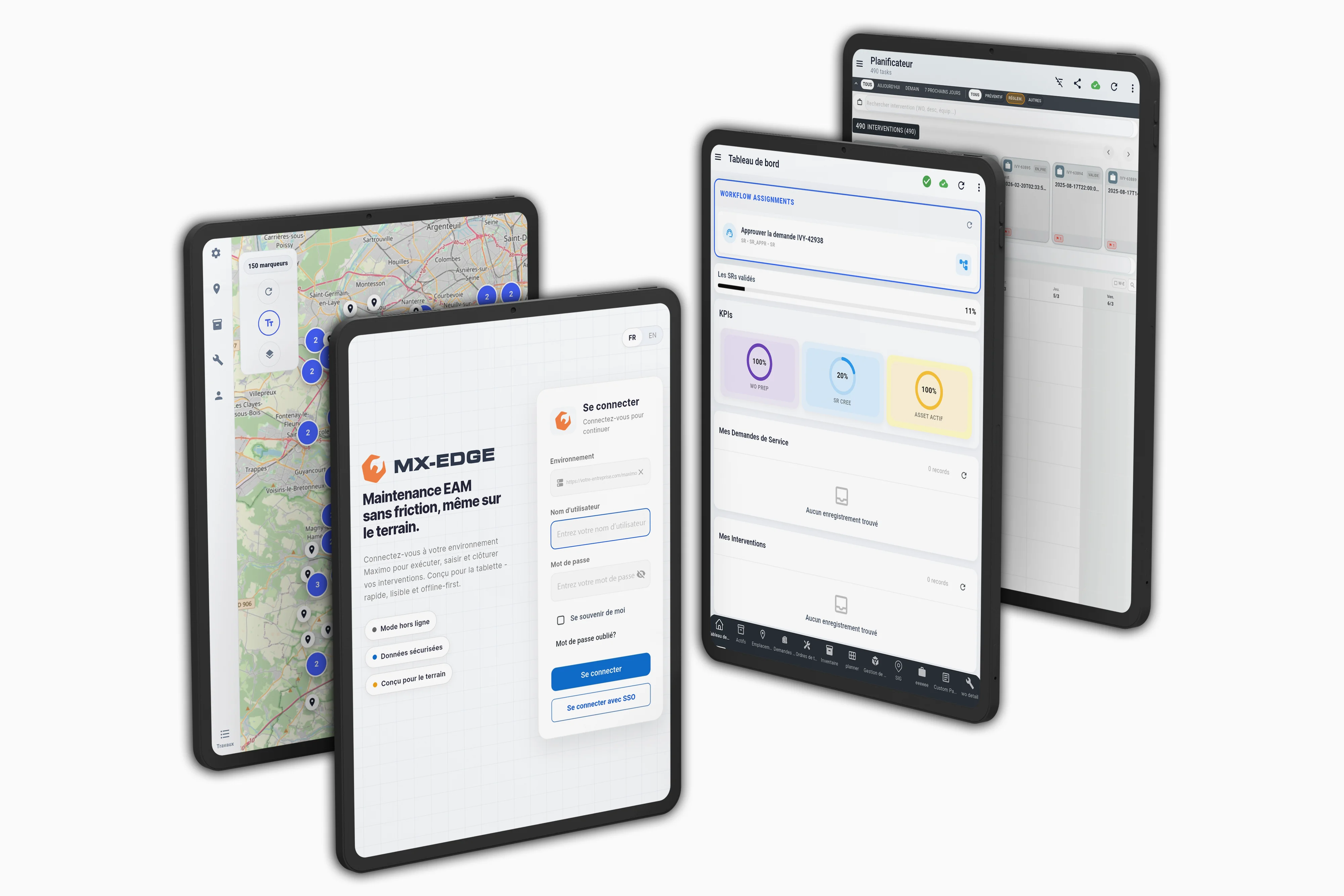 Captures d’écran de MX-Edge sur tablette, application mobile de maintenance pour IBM Maximo créée par Sinorfi