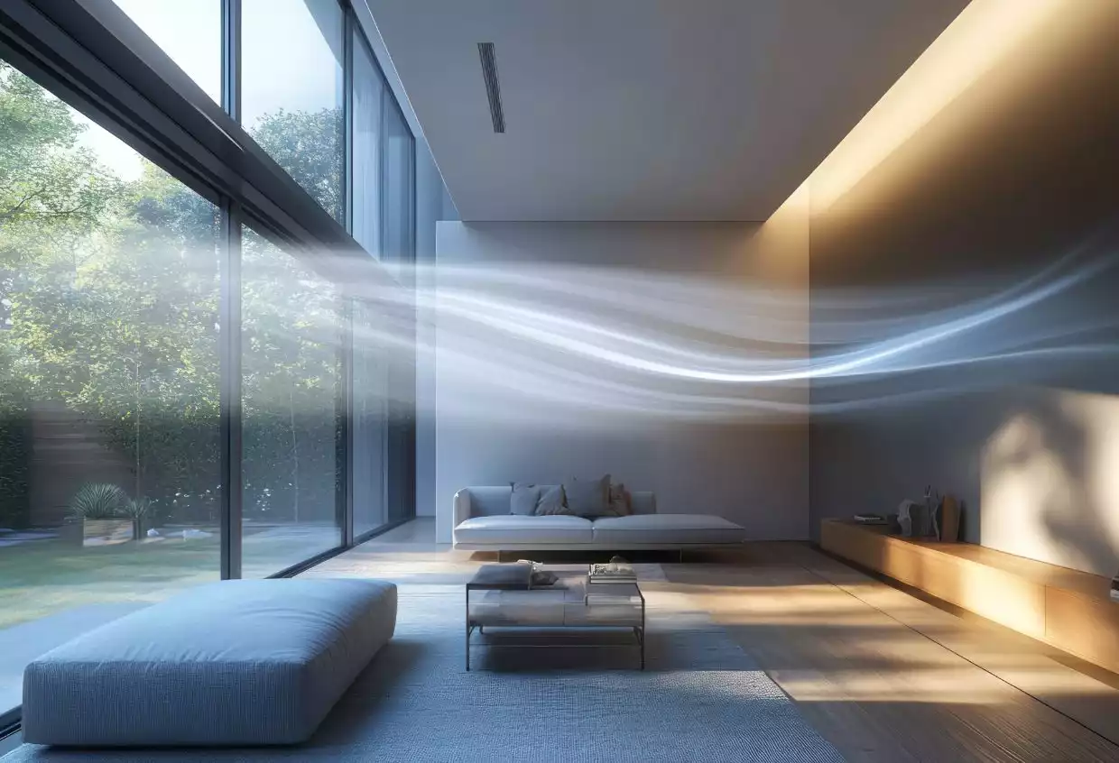 image générée par l'IA, air frais diffusé dans un salon moderne pour montrer la ventilation