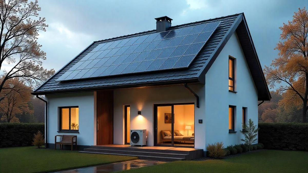 Modern family house with rooftop solar panels and an outdoor air-to-water heat pump unit, eco-friendly home, renewable energy system, realistic 3D rendering, daylight, blue sky, clean design