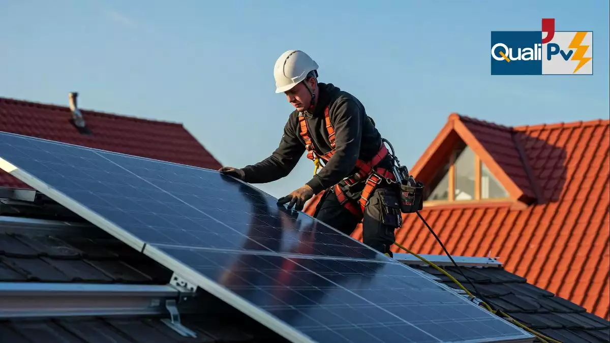 Installateur RGE qui installe panneaux solaires sur un toit et logo RGE Quali PV