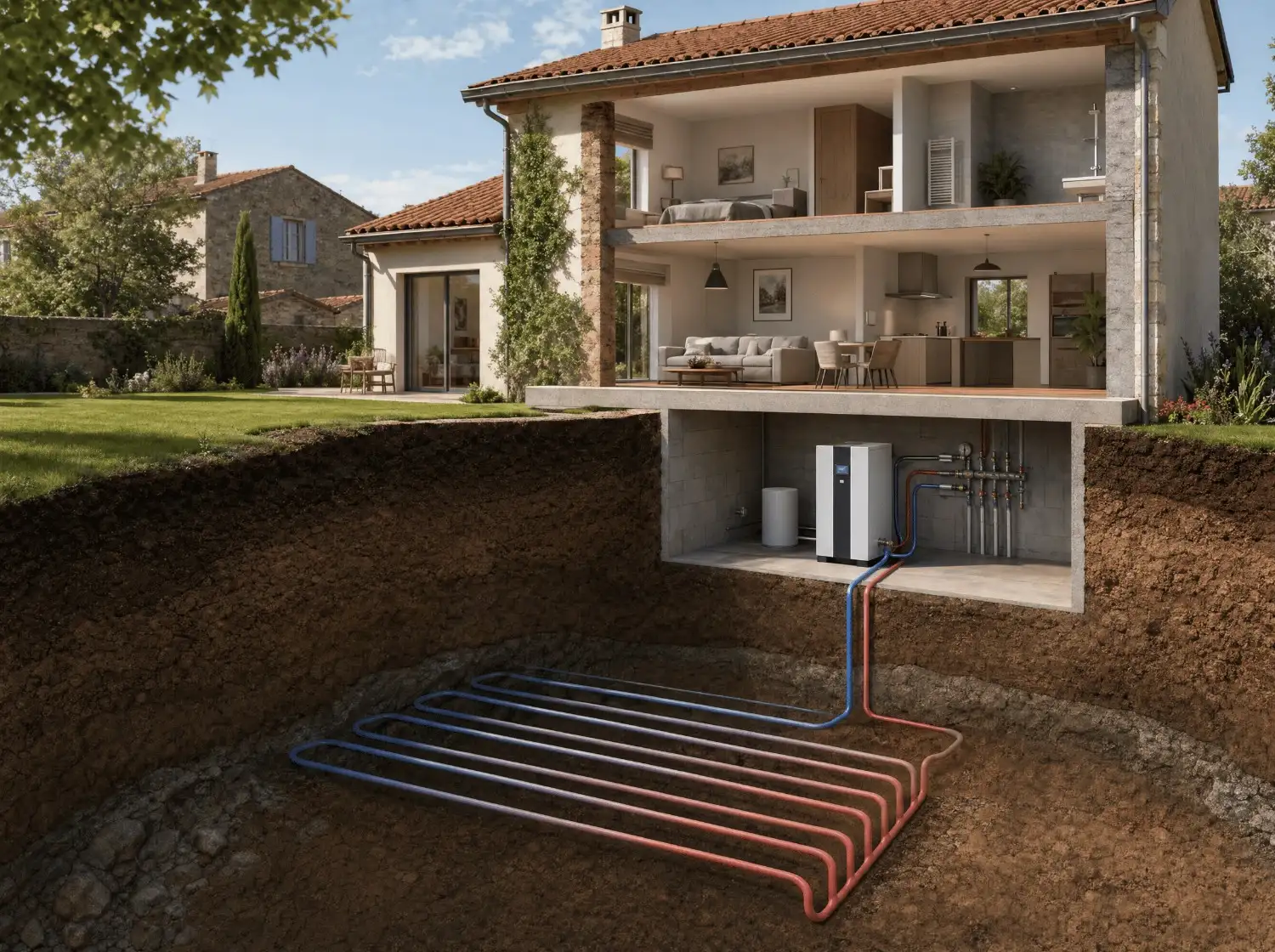 Installation d'une pompe à chaleur géothermique avec capteurs enterrés dans le sol pour le chauffage d'une maison en Loire-Atlantique