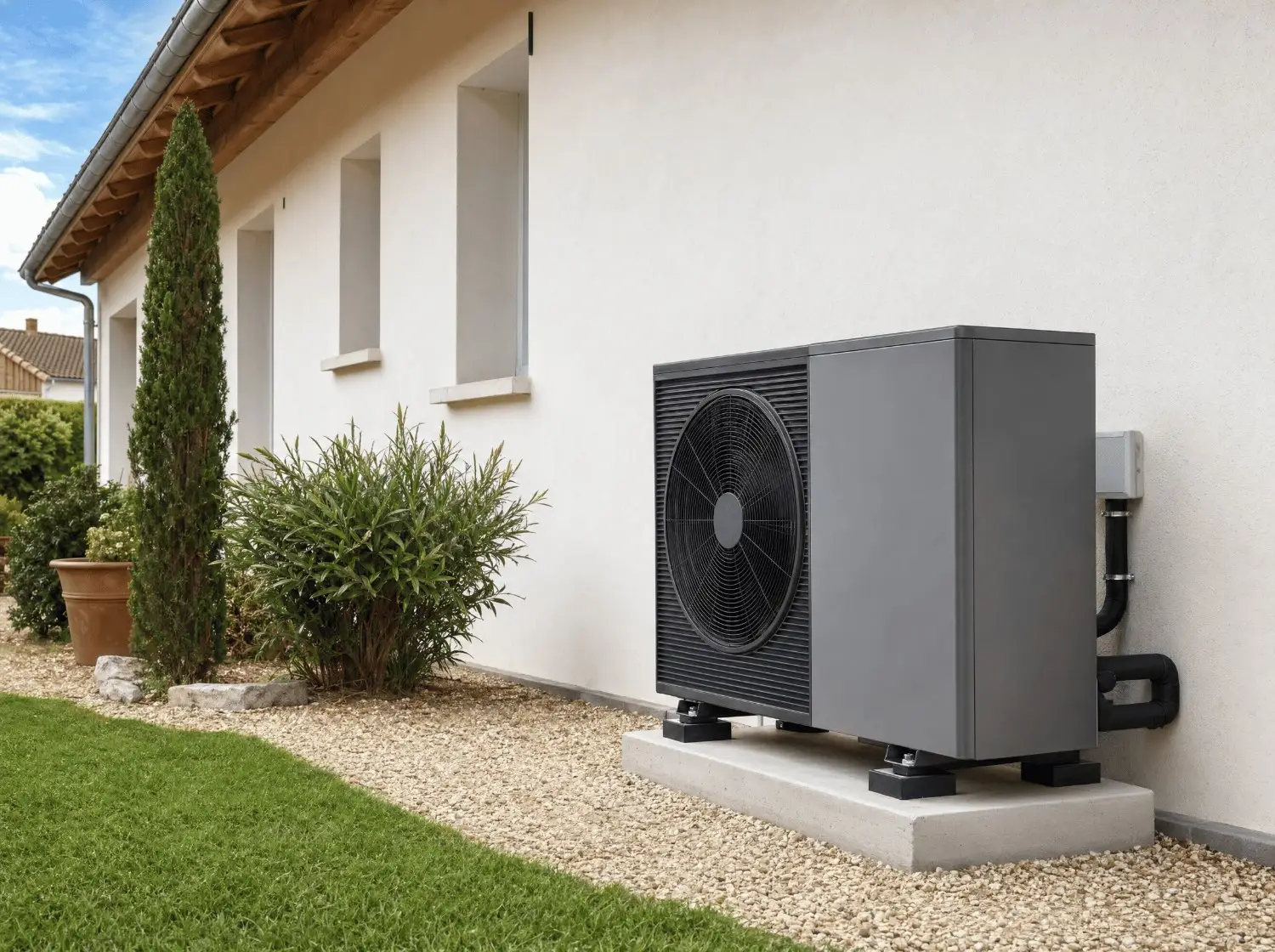 Unité extérieure de pompe à chaleur Air-Eau bien installée sur une maison individuelle en Loire-Atlantique