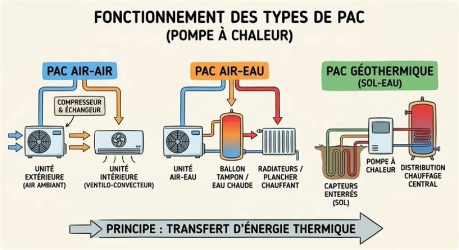 Fonctionnement de types de pompe a chaleur