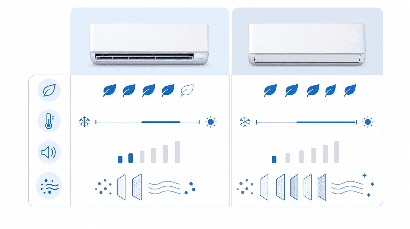 Infographie comparatif technique Daikin Comfora vs Perfera : SCOP, SEER, classe énergétique et fonctionnalités