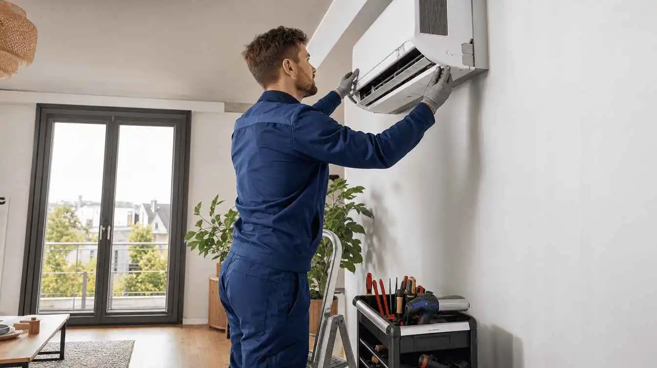 Technicien certifié RGE Novoclim installant un climatiseur mural Daikin dans un appartement à Nantes
