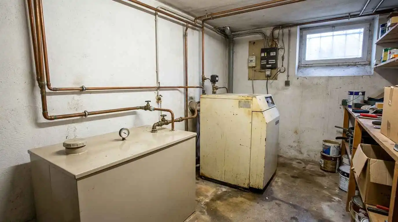 Ancienne chaudière fioul et cuve à fioul dans une chaufferie de maison individuelle française avant remplacement par une pompe à chaleur