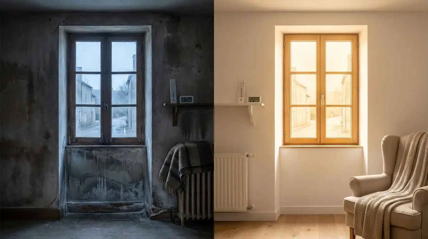 Comparaison avant/après isolation thermique d'une pièce : mur froid non isolé à gauche, intérieur rénové chaud et confortable à droite