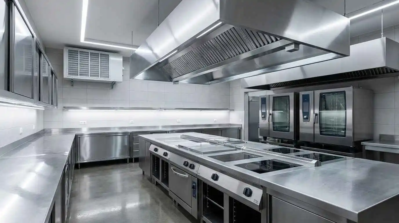 Cuisine professionnelle de restaurant équipée d'une unité de climatisation dédiée avec filtres renforcés, séparée du circuit de la salle