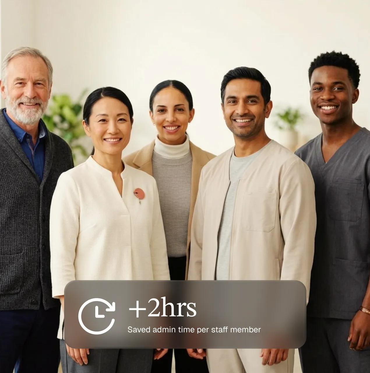 Group of five diverse professionals standing and smiling in a bright office setting with text overlay showing a clock icon and '+2hrs Saved admin time per staff member.'