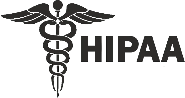 Black caduceus medical symbol with two snakes wrapped around a winged staff next to the word HIPAA in bold uppercase letters.