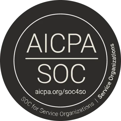 Circular black badge with white text displaying "AICPA" over a line and "SOC" below it, with the URL aicpa.org/soc4so and the phrase "SOC for Service Organizations | Service Organizations" around the bottom edge.