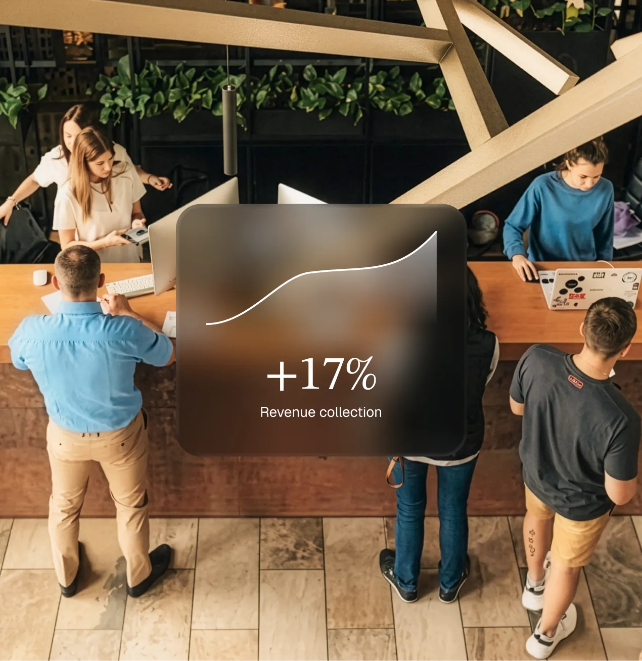 Overhead view of five people at a wooden counter with computer screens and laptops, with a semi-transparent overlay showing a rising line graph and text '+17% Revenue collection'.