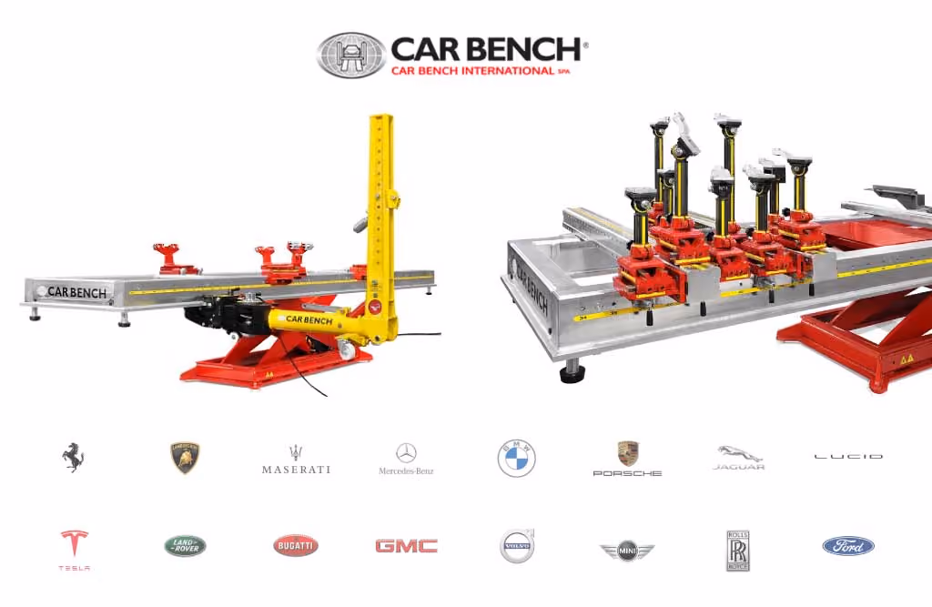 An image showcasing the professional Car Bench International collision repair equipment. On the left, a yellow and red hydraulic frame puller is attached to a silver metal bench. On the right, a close-up displays the Universal Jig System, featuring adjustable red and black mechanical supports mounted on a heavy-duty silver frame. Below the equipment, a grid of logos from major luxury and performance car manufacturers is displayed—including Ferrari, Lamborghini, Maserati, Mercedes-Benz, BMW, Porsche, Jaguar, Lucid, Tesla, Land Rover, Bugatti, GMC, Volvo, Mini, Rolls-Royce, and Ford—signifying official certification and approval for structural repairs.