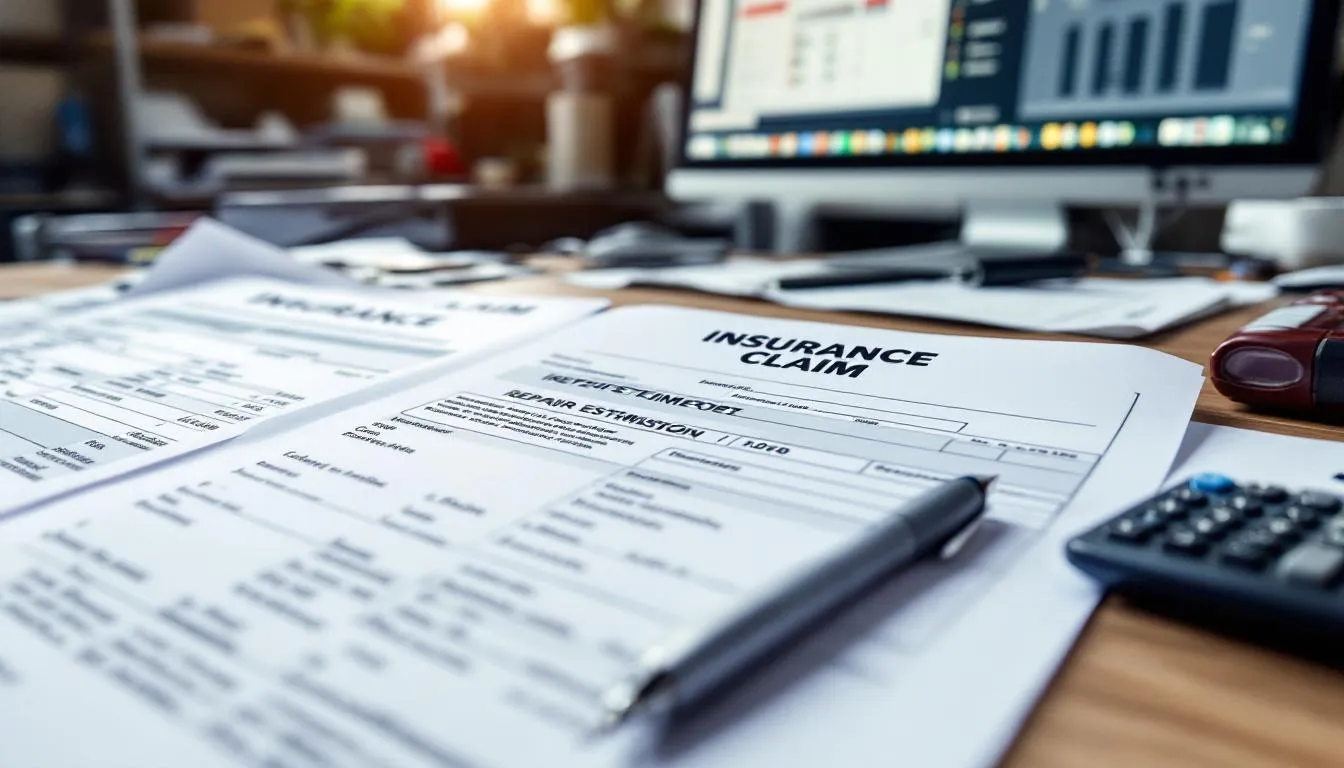 The image shows a collection of insurance estimate paperwork and claim documentation related to vehicle repairs, highlighting details such as the insurance policy, repair shop options, and instructions for filing a claim. This paperwork is essential for customers looking to choose a preferred repair shop and schedule necessary repairs to restore their car to pre-accident condition.