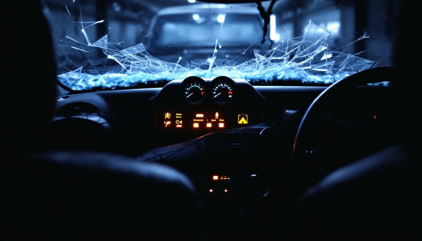 The image shows a car dashboard with multiple warning lights illuminated after a car accident, indicating potential issues such as brake failure or leaking fluids. It highlights the importance of inspecting the vehicle for necessary repairs and determining if it is safe to drive before contacting an insurance company or emergency services.