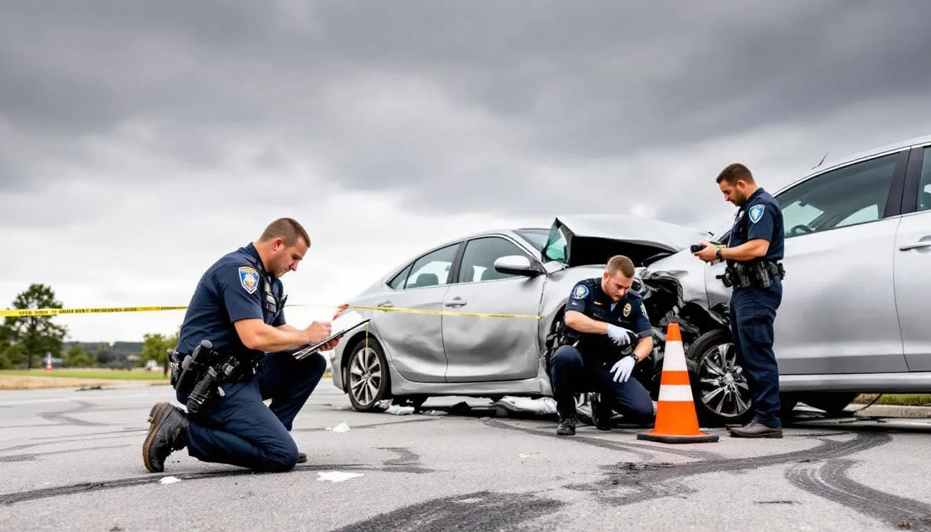 The image shows police officers at the scene of a car accident, documenting the damage to the vehicles involved. They are inspecting the damaged vehicle's body, checking for leaking fluids and other critical issues, while emergency services and tow trucks are nearby, ready to assist.