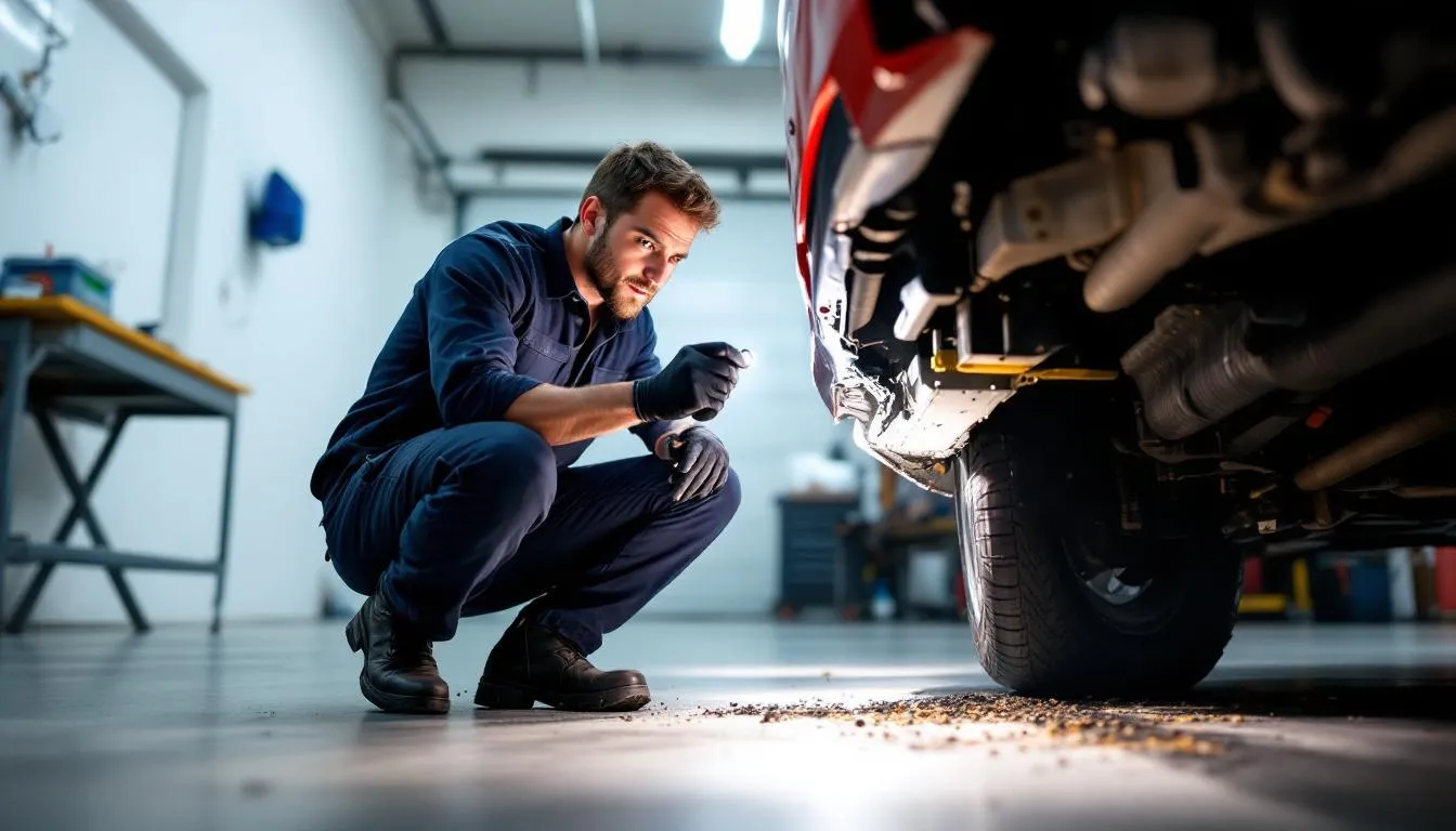 A professional mechanic is inspecting a damaged vehicle's frame for signs of car accident-related issues, such as uneven tire wear and leaking fluids. This critical inspection will help determine the necessary repairs for the vehicle to be safe to drive and assist in processing any insurance claims.