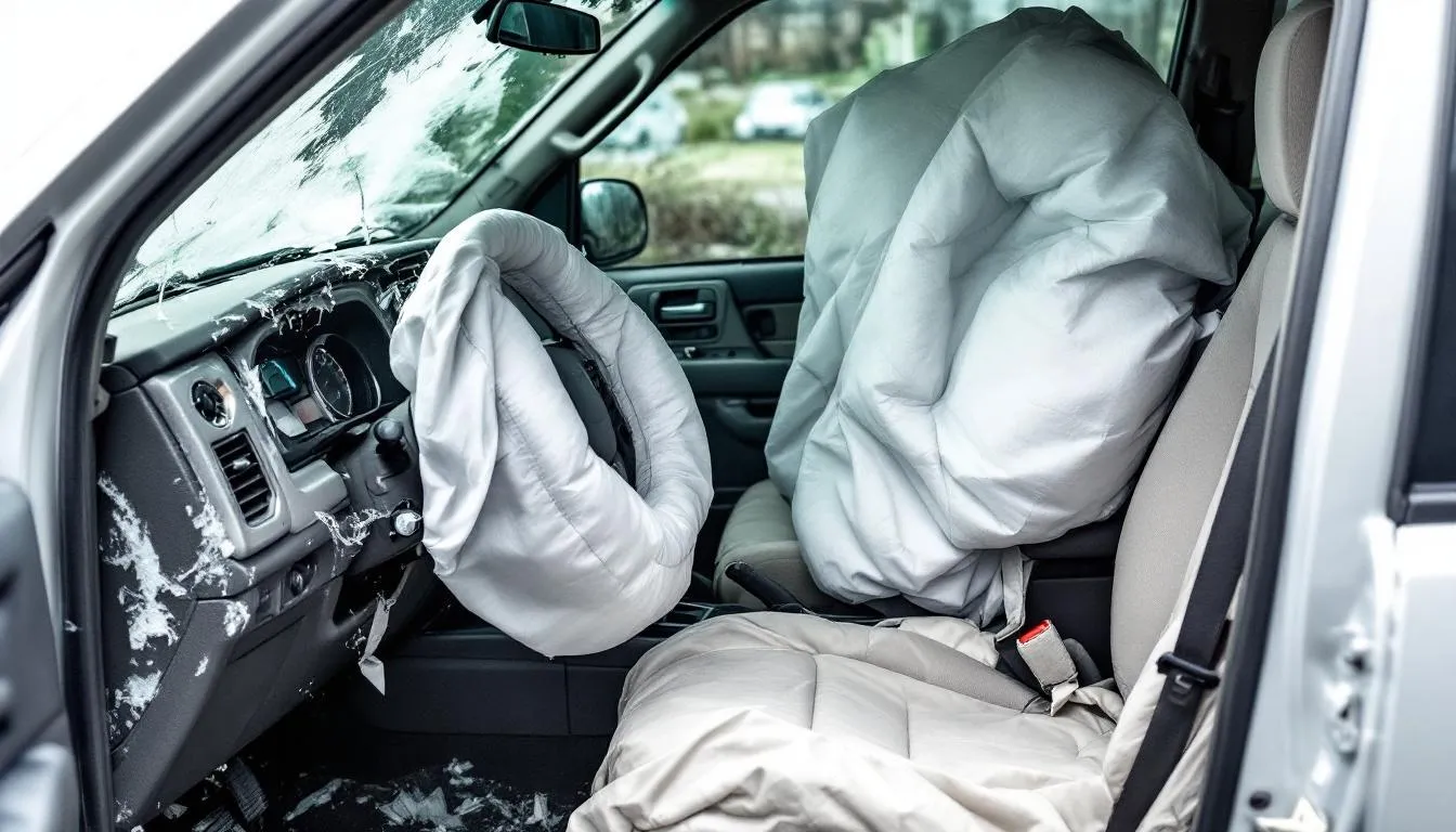 The image shows a vehicle with deployed airbags and a damaged interior, indicating that it has been involved in a car accident. The scene highlights the importance of assessing the vehicle's safety and determining the necessary repairs before deciding if it is safe to drive.