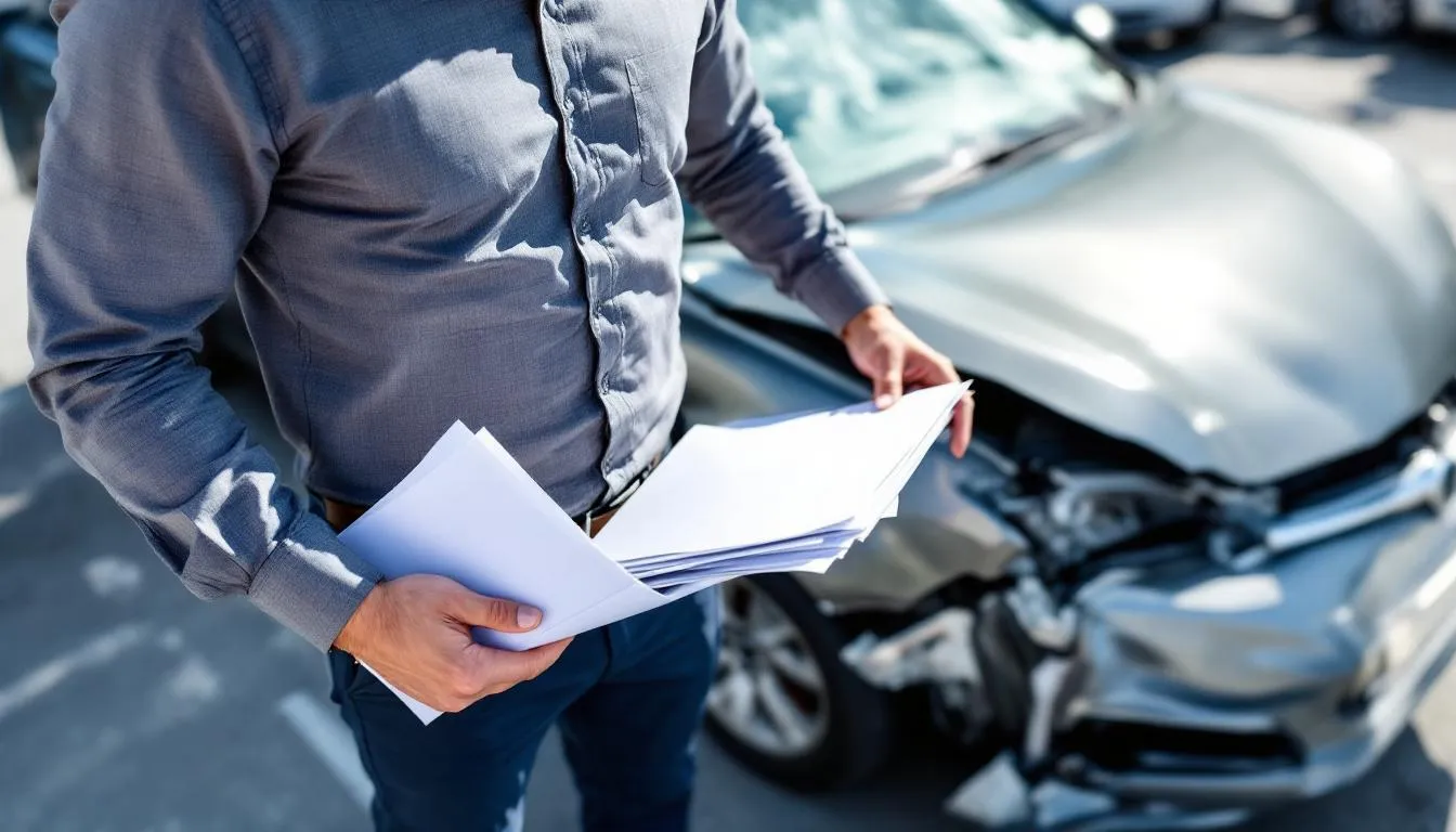 A driver stands at the accident scene, examining the damage to their vehicle while holding accident report forms and their vehicle's insurance information. They are preparing to report the minor car accident and gather relevant details such as the vehicle identification number and license plate numbers of the parties involved.