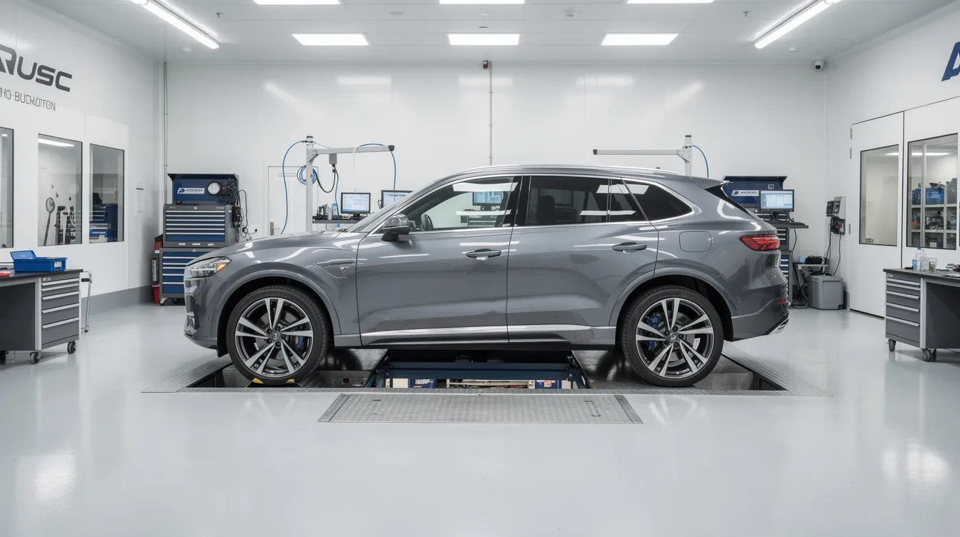 A modern luxury SUV is positioned on a car bench in a clean and professional collision repair facility, equipped with advanced car electronic measuring systems for precise alignment and fast repair solutions. The workshop features a universal jig system and frame machine, ensuring accurate structural repair and reducing downtime for commercial vehicles.