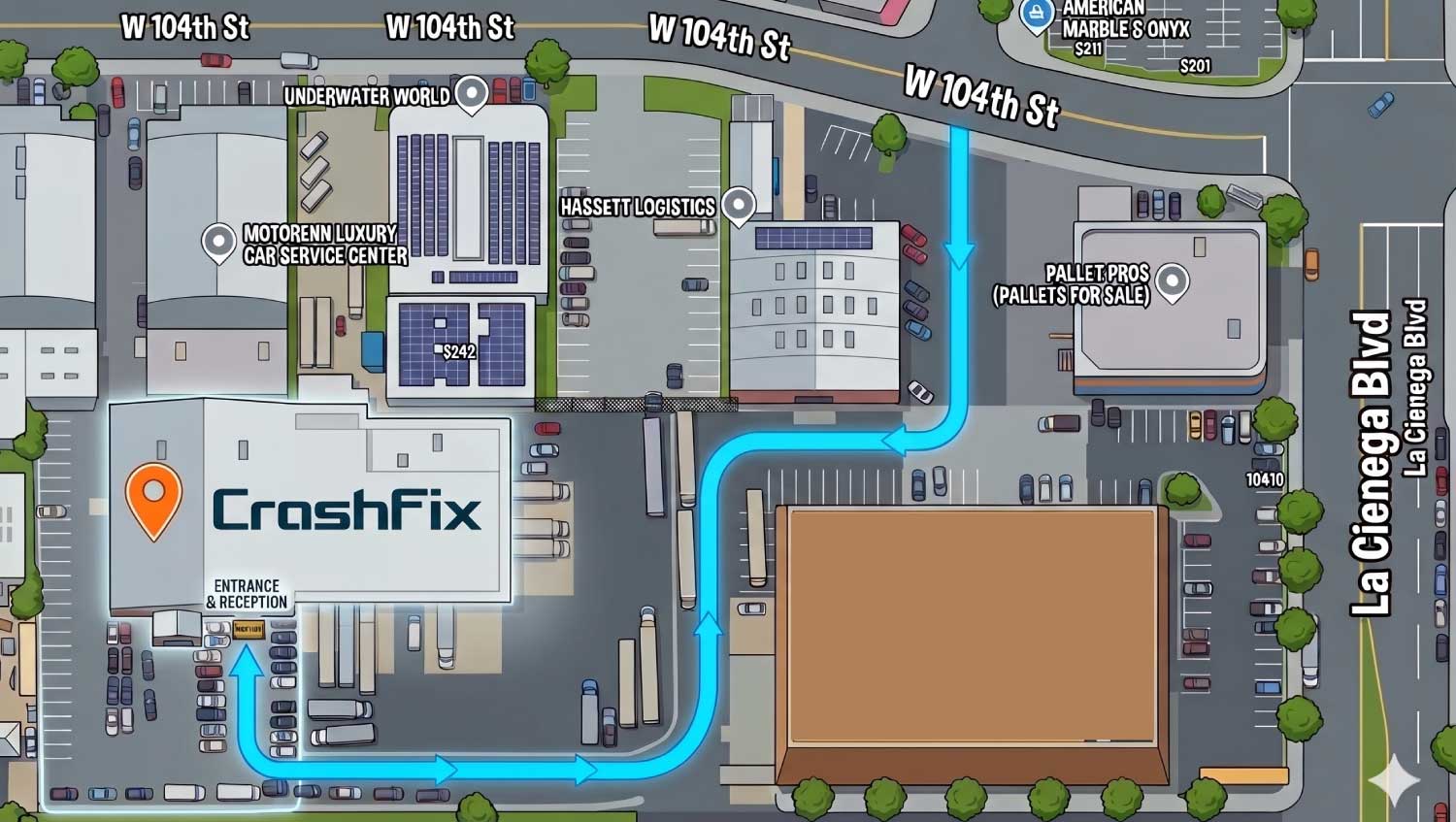 A stylized, cartoon-animated aerial map view of an industrial or commercial block. On the left, a prominent building is highlighted with a glowing border and labeled "CrashFix" using the text from CrashFix-logo-png_2.png. A large, bright orange location pin is positioned to the left of the text on the building roof. A vibrant, glowing blue directional arrow line begins from the top street area and snakes through the parking lots, directly pointing to the "Entrance & Reception" of the CrashFix building. On the bottom right, a large billboard features the original "Cabin Crew Prepare For Kevin Hart" Netflix advertisement graphic with an illustrated character portrait. The surrounding streets are clearly labeled as "W 104th St" and "La Cienega Blvd" in clean, legible white typography.