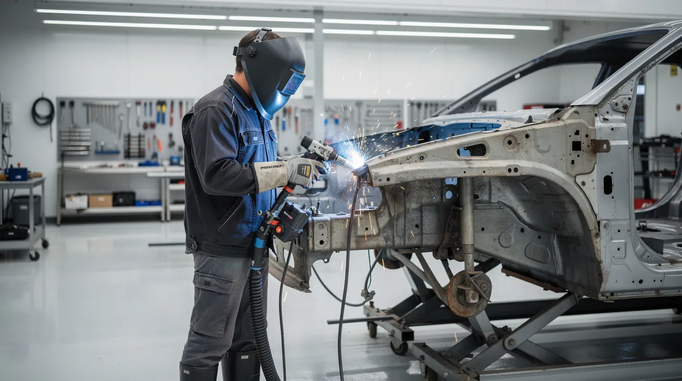 A professional auto body technician in safety gear is welding a car frame with precision welding equipment inside a modern, clean repair facility. This certified collision repair facility specializes in Honda and Acura vehicles, ensuring structural integrity and high-quality repairs that meet manufacturer guidelines.