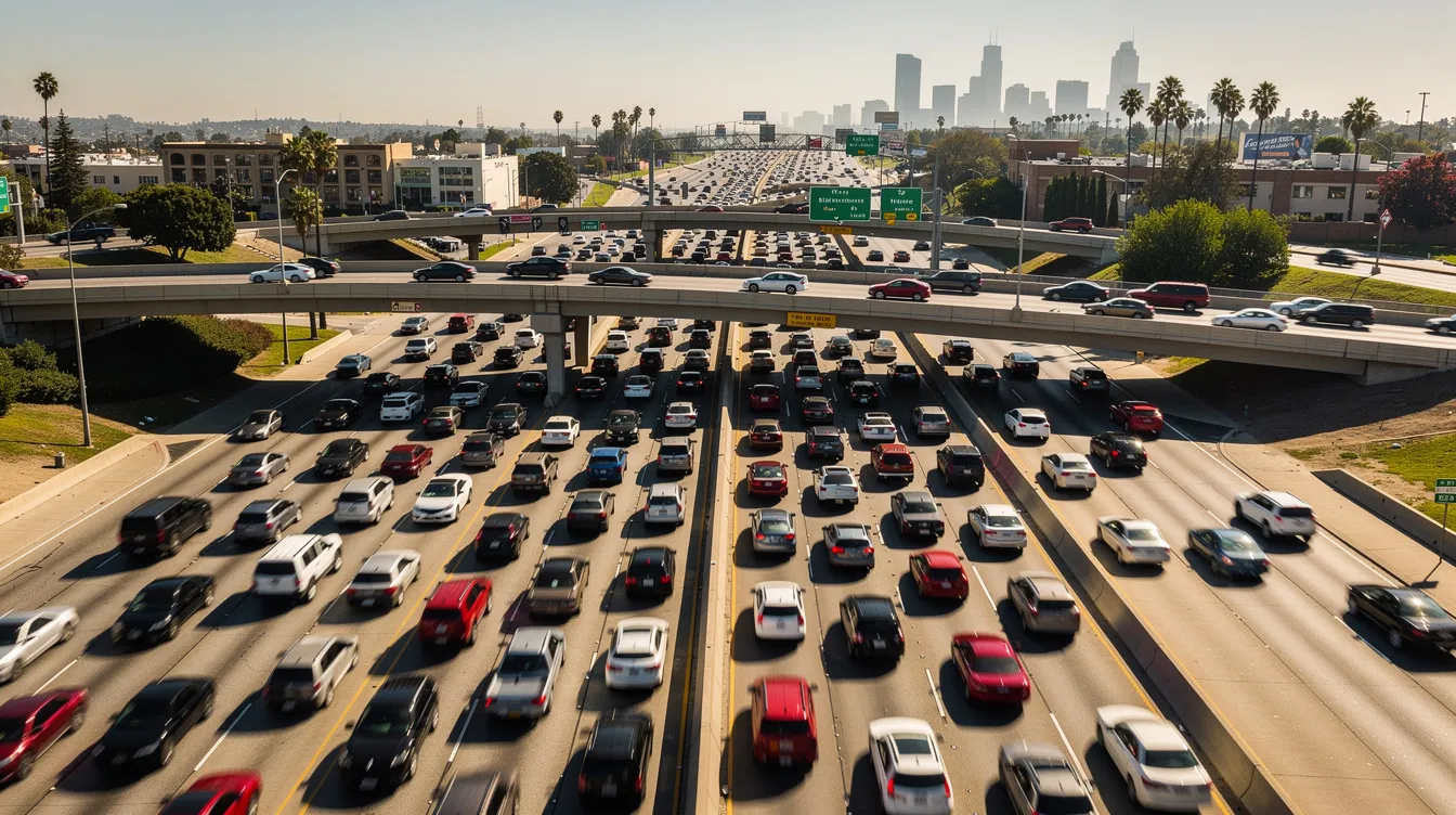An aerial view captures a busy Los Angeles freeway filled with numerous cars and SUVs navigating through dense daytime traffic. This bustling scene reflects the dynamic nature of urban life, where vehicles, including Honda and Acura models, contribute to the constant movement on the road.