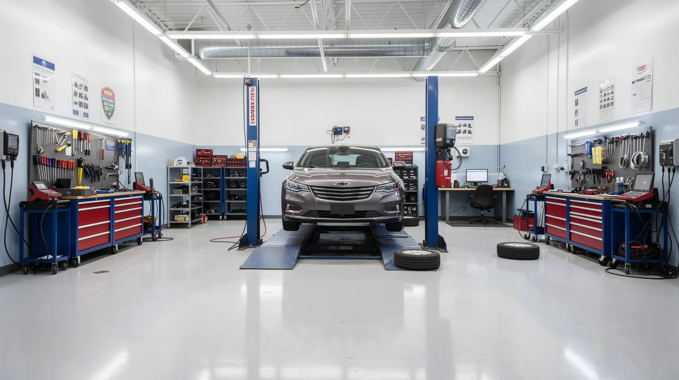 The image depicts a clean and organized auto body repair shop interior, featuring well-arranged tool stations and a car elevated on a lift, highlighting a professional environment ideal for collision repair. This setup reflects the quality standards and repair processes essential for reputable shops, ensuring vehicles are repaired to OEM specifications.