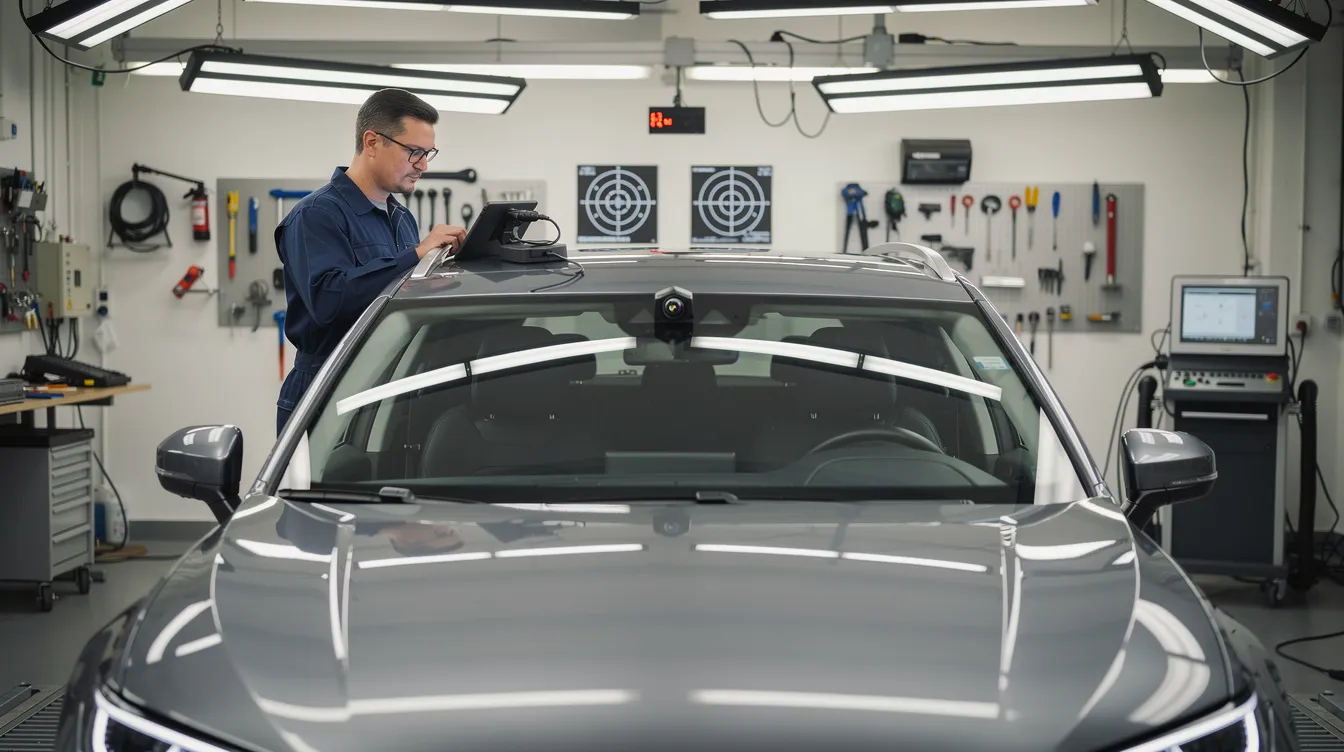 A technician is seen calibrating a forward-facing camera sensor on a vehicle's windshield in a professional repair bay, ensuring the advanced driver assistance systems are functioning correctly for optimal safety and repair quality. This process is essential for maintaining the vehicle's structural integrity after a car accident and is part of the collision repair work done at a reputable auto body shop.