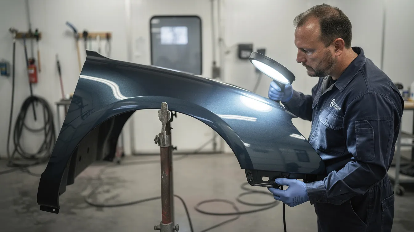 A technician inspects a freshly painted car fender under bright lighting in a collision repair shop, ensuring the repair quality meets the standards of a reputable auto body shop. This careful examination is crucial for maintaining the vehicle's structural integrity and ensuring it meets OEM repair procedures after an accident.