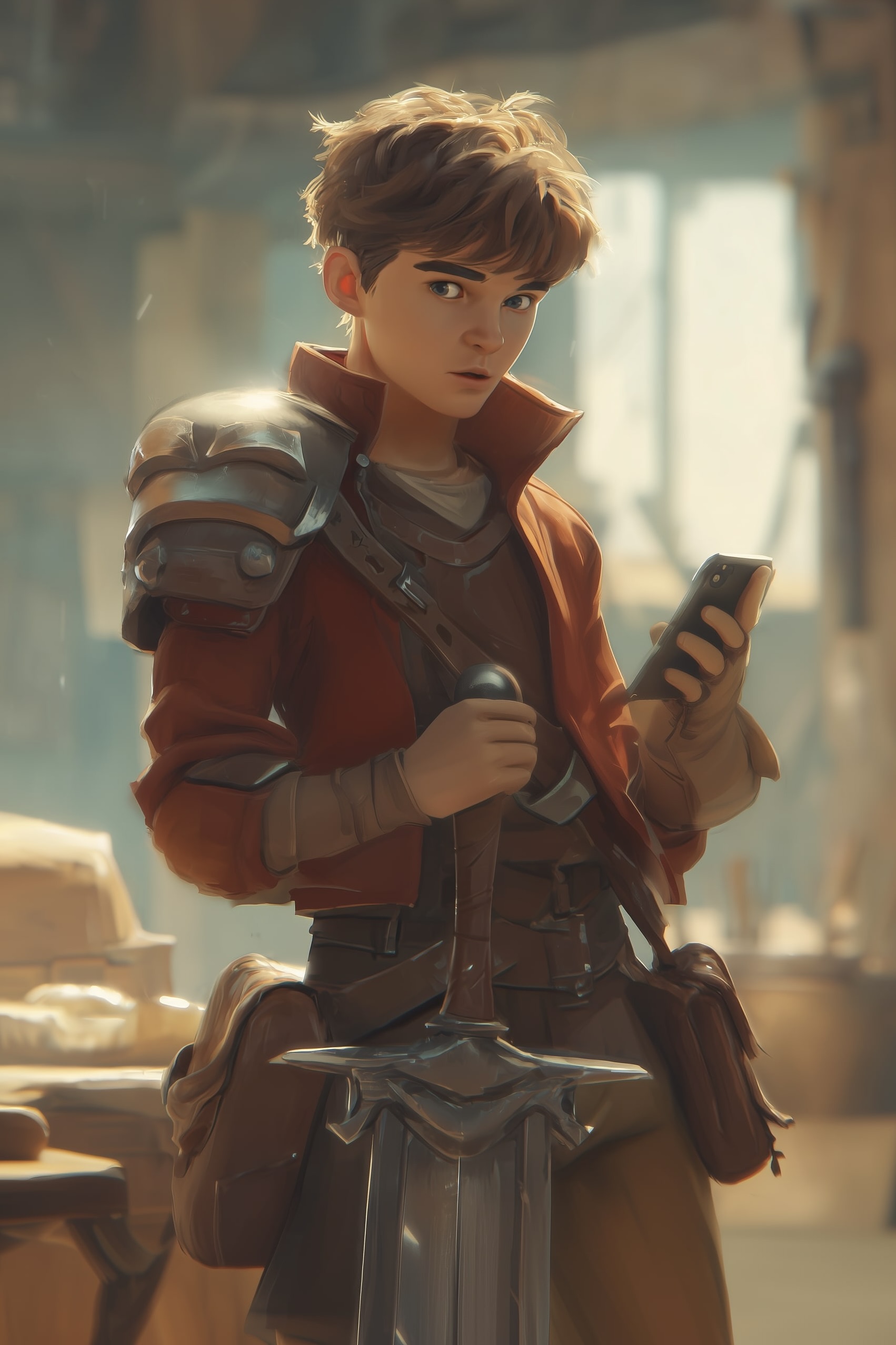 Jerry Banks, a 13 year old teenager with a red jacket, a large sword, holding a phone and wearing some light armor